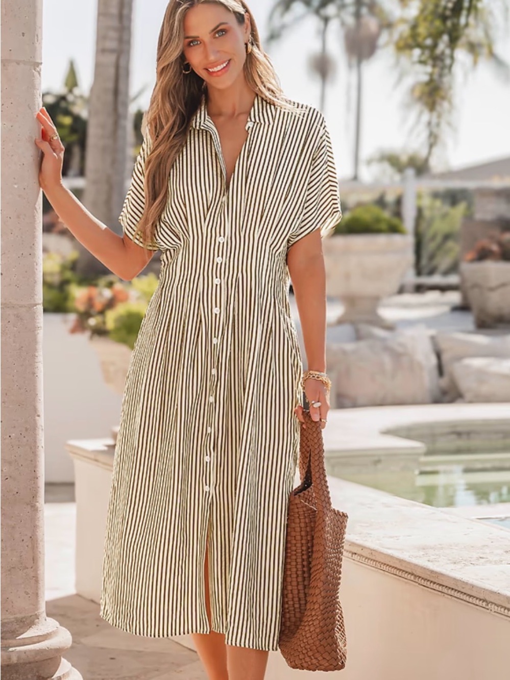 Cupshe Cream and Brown Striped Button-Front Midi Dress